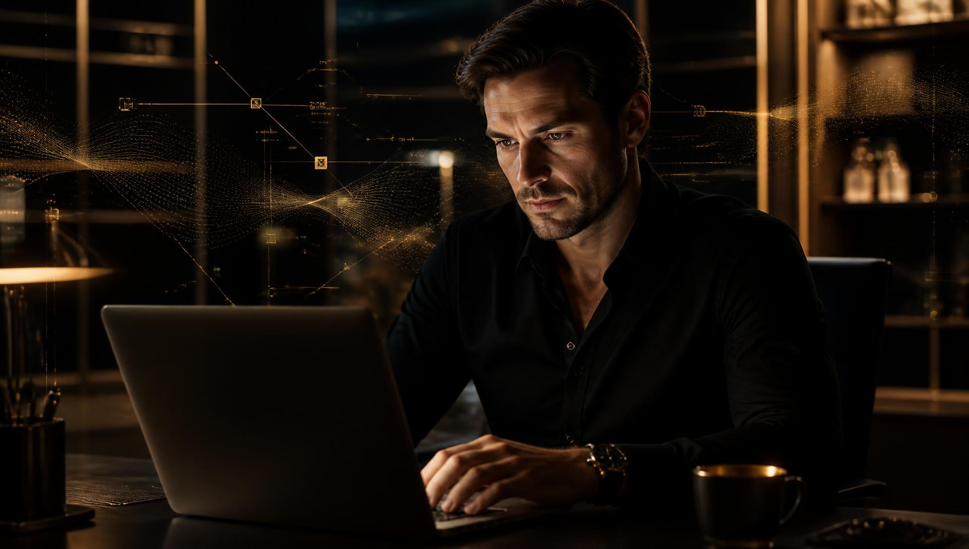 Executive working on a laptop with AI-inspired design elements